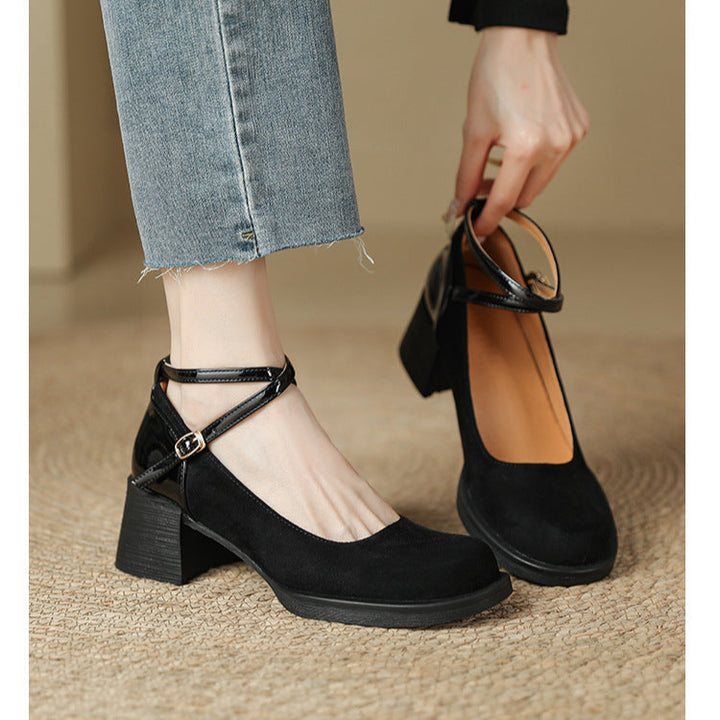 Cross Strap Chunky Heel High Round Toe Mary Jane Women's Shoes