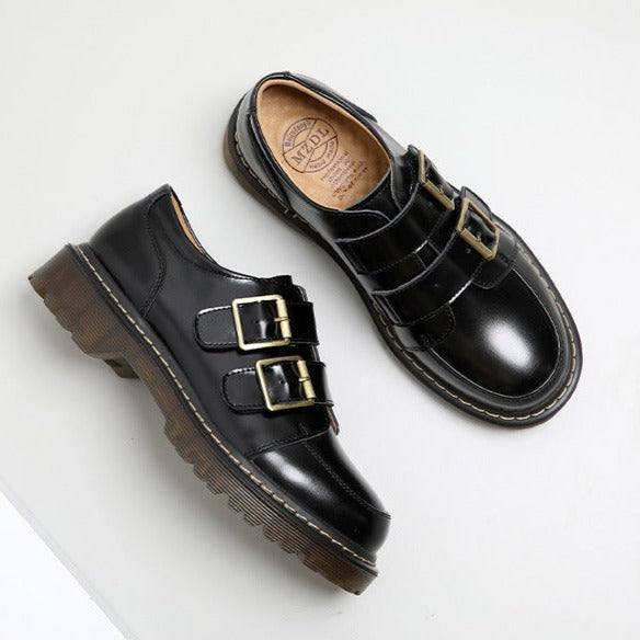 Women Retro Round Head Double Buckle Leather JK Loafers Shoes