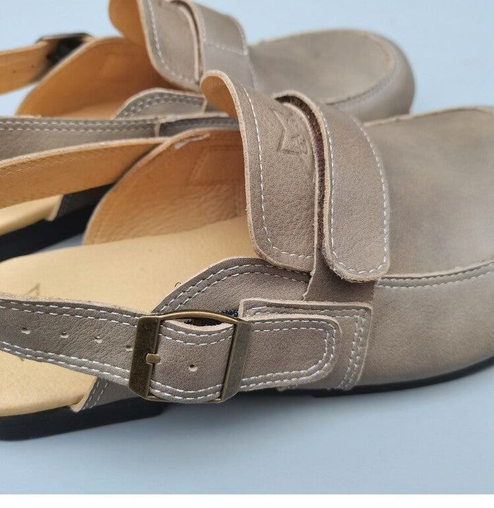 Women's Leather Sandals - Vintage Contrast Stitching Flexible Slip-On Mule Slides with Slingback Strap