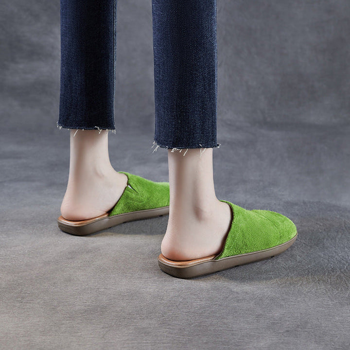 Women's Minimalist Nubuck Mules - Round-Toe Flat with Slip-On Ease
