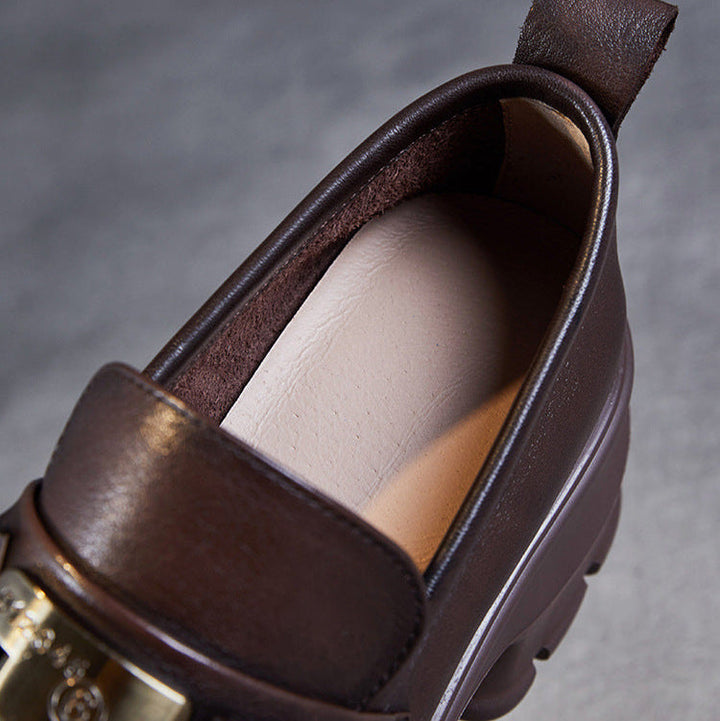 Women's Genuine Leather Platform Loafers - Chunky Heel with Metallic Hardware Details