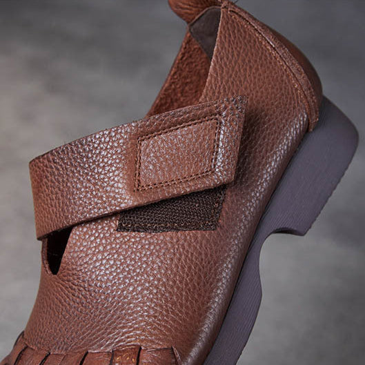 Women's Woven Leather Wide Toe Low Heel Velcro Casual Shoes
