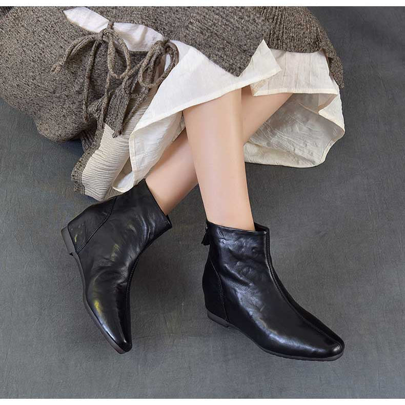 Women's Pointed Toe Top-Grain Leather Wedge Ankle Boots Mid Heel Back Zipper Booties