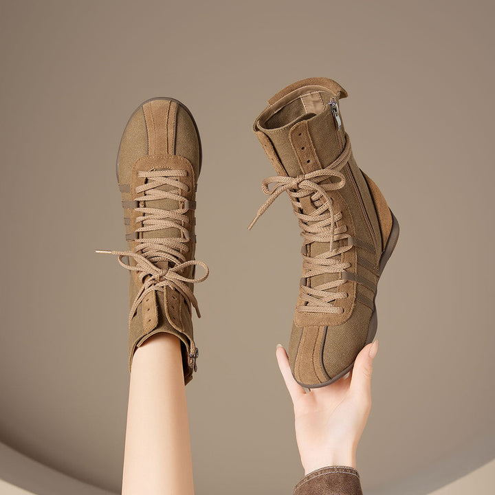 Women's Cow Suede Canvas High Top Sneakers Hidden Wedge Heel Ankle Booties