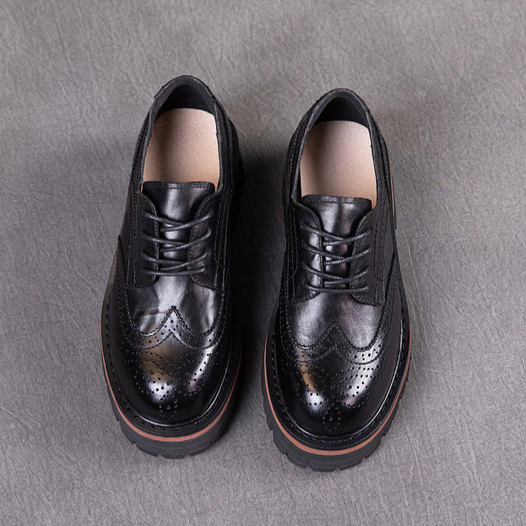 Women's British Style Brogue Oxfords - Genuine Leather with Chunky Sole