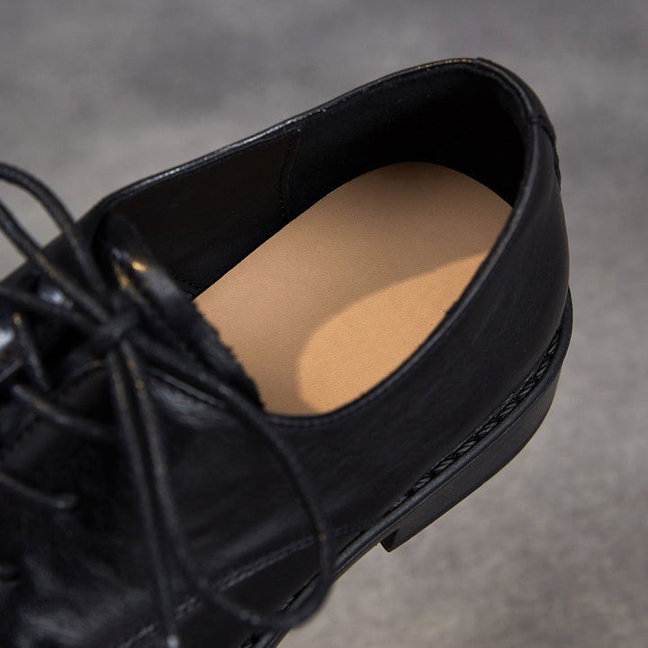 Women's Genuine Leather Oxford Shoes Retro Lace-up Round Toe Low Heel Derby Flats