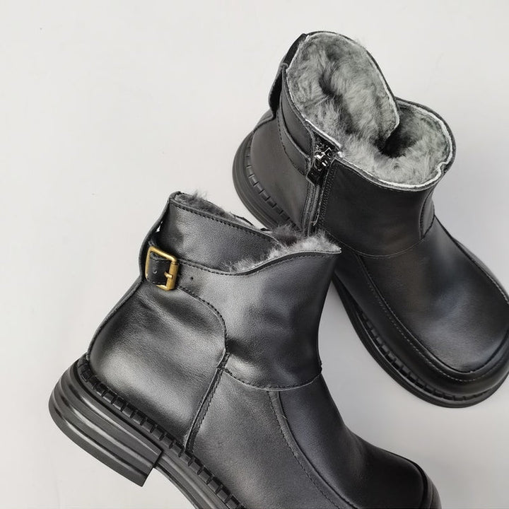 Women's Vintage Wide Toe Leather Derby Boots – Shearling Lined Winter Ankle Boots