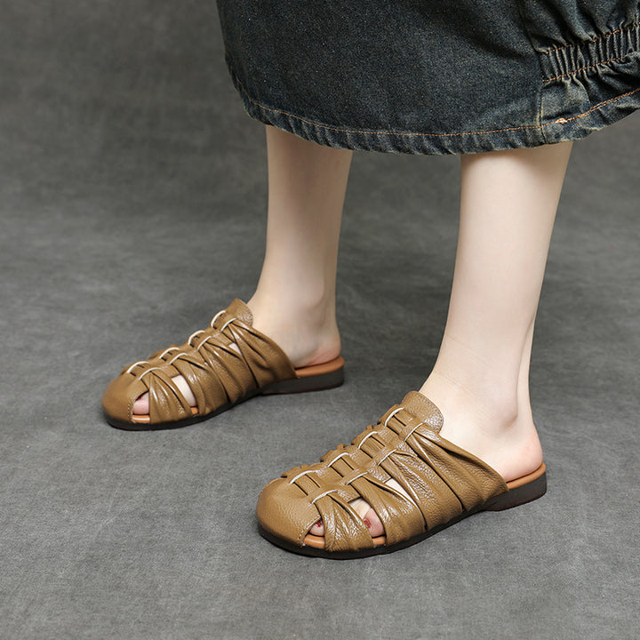 Women's Soft Leather Mules - Ruched Woven Closed Toe Flat Sandals Casual Slip-On Slide Slippers