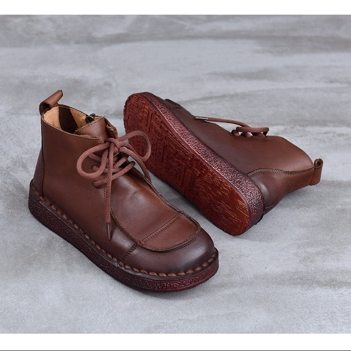 Women's Leather Flat Ankle Boots – Comfortable Casual Lace-Up Zipper Style