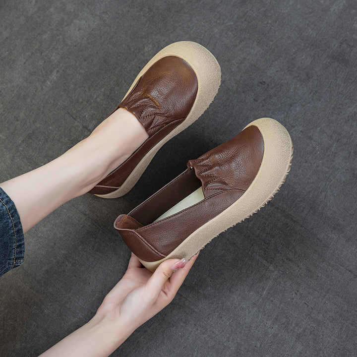 Womens Casual Leather Slip-on Loafers Closed Toe Platform Walking Shoes Anti-Collision