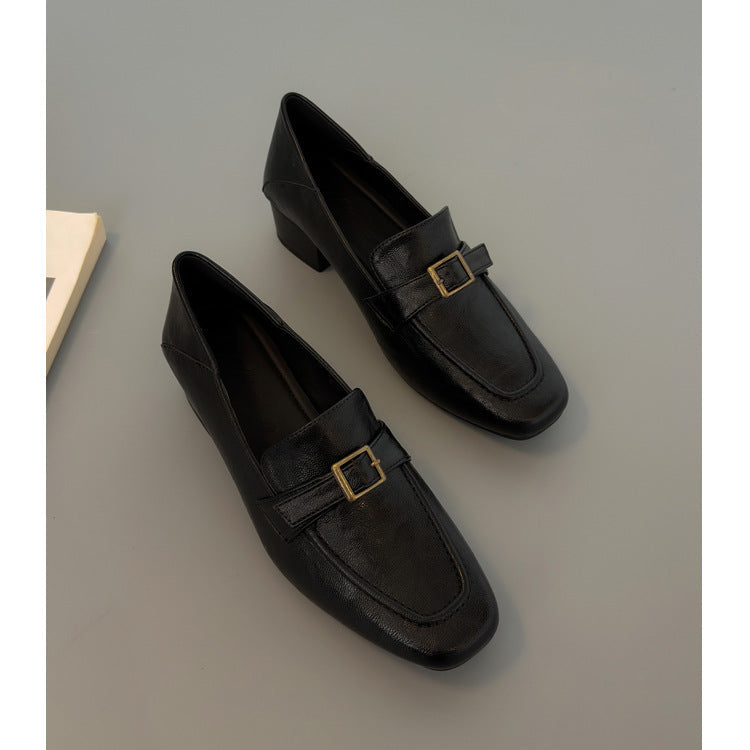 Women's Premium Leather Loafers - Square Toe Vintage Buckle Strap Chunky Heel Pumps