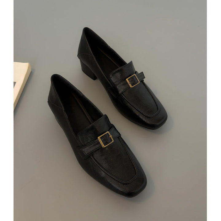 Women's Premium Leather Loafers - Square Toe Vintage Buckle Strap Chunky Heel Pumps