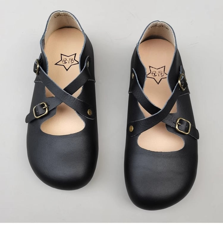 Women's Hidden Wedge Heel Shoes - Handmade Vintage Style with Cross Strap Buckle