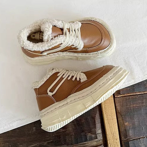 Women's Winter Chunky Leather Lace-Up Shoes – Fleece-Lined & Ugly-Cute Design