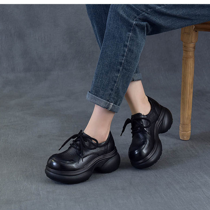 Women's Chunky Platform Oxford Shoes Top-Grain Leather Lace Up Wedge Loafers