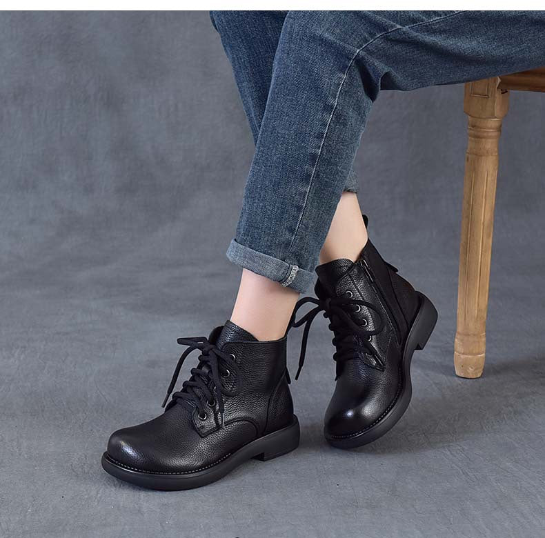 Women's Vintage Leather Ankle Boots Zipper Lace Up Flat Combat Booties
