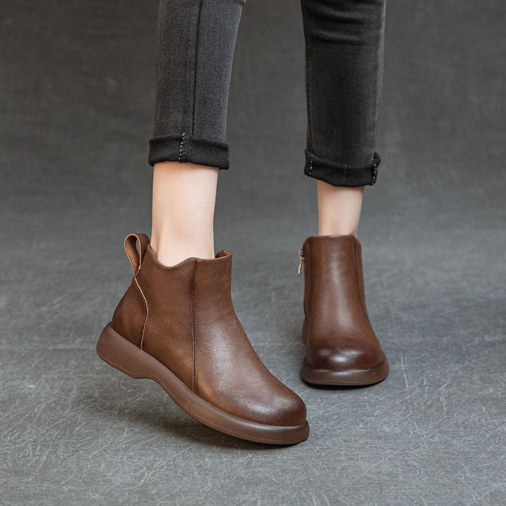 Women's Comfortable Leather Ankle Boots – Low Heel with Side Zipper