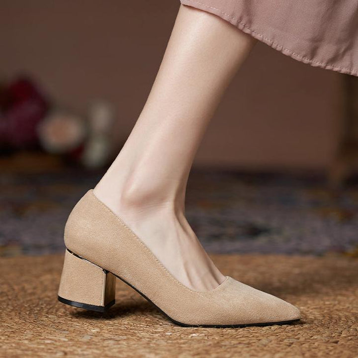 Women Suede Pump Block Heel Pointed Toe Mid Heels