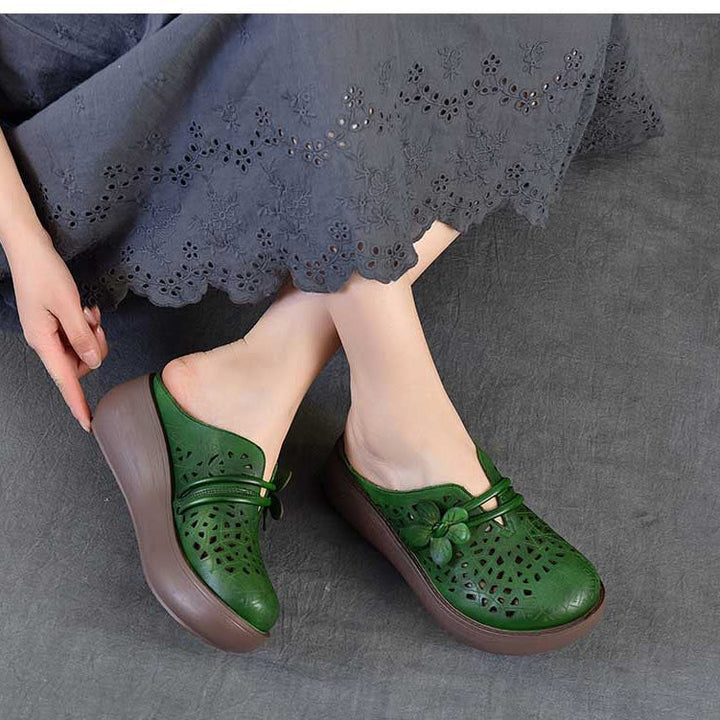 Women's Cowhide Platform Mules - Summer Shoes Breathable Floral Cut-out Sandals
