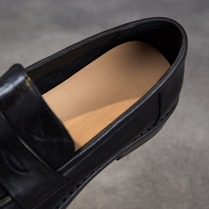Women's Genuine Leather Penny Loafers Vintage Slip-on Round Toe Low Heel Shoes