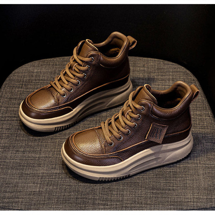 Women's Leather Lace-up Casual Platform Walking Shoes High-top Sneakers