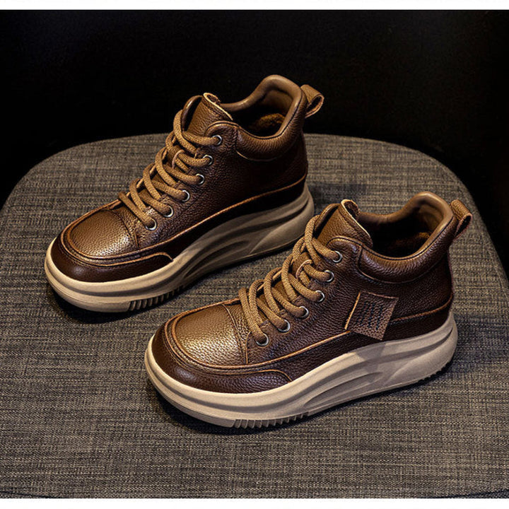 Women's Leather Lace-up Casual Platform Walking Shoes High-top Sneakers