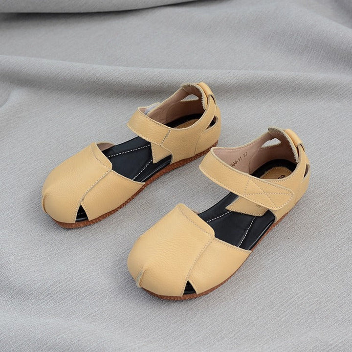 Women's Soft Leather Closed-Toe Velcro Sandals – Comfortable Flat Style