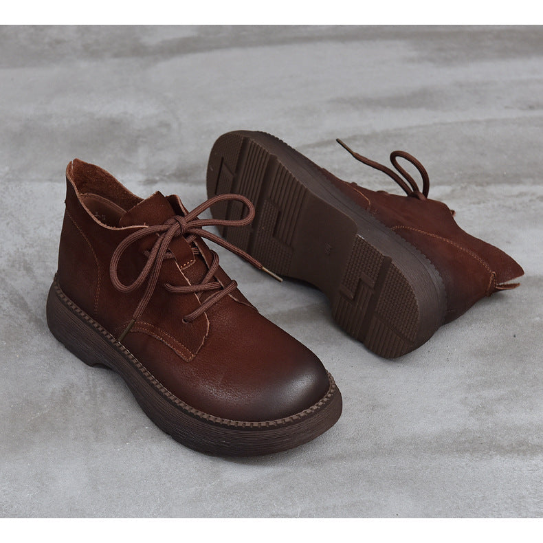 Women's Leather Platform High-Top Shoes – Round Toe Lace-Up Casual Style