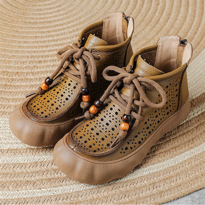 Women's Leather Ankle Sandals Boots Retro Lace-Up Vintage Hollow-Out Casual Summer Flats
