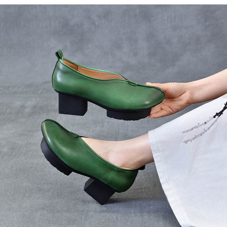 Women's Block Heel Leather High Heels – Slip-On Japanese Design