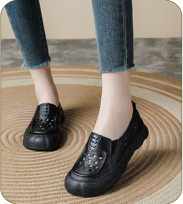 Women's Flats Vintage Hollow-Out Walking Shoes Leather Summer Loafers Retro Slip-On Platform Shoes