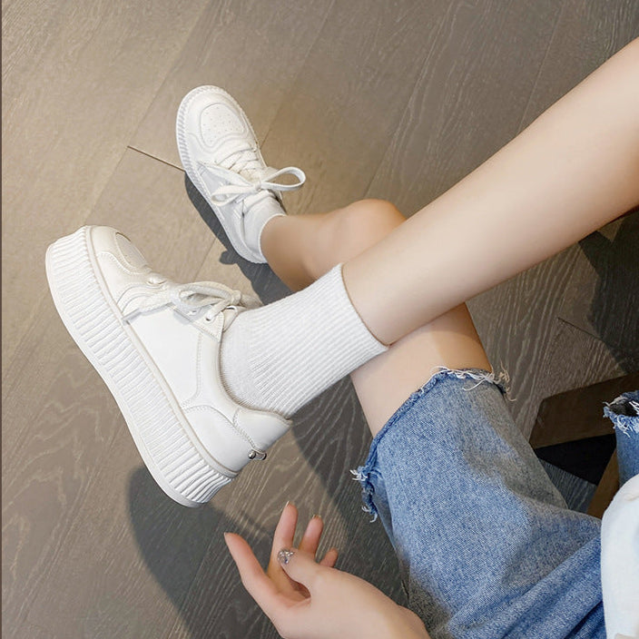Women's Platform White Casual Lightweight Round Toe Lace Up Board Shoes