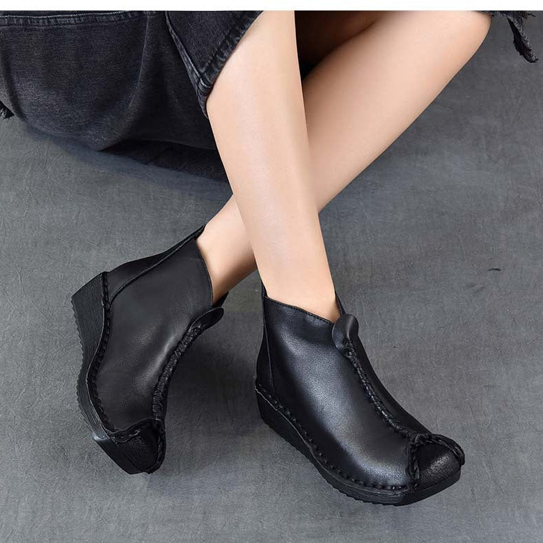 Women's Leather Ankle Boots - Vintage Wedge Low Heel Booties, Zipper Round Toe Stitching Fall Winter Shoes