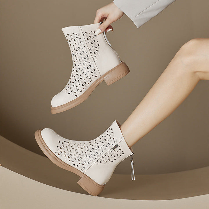 Women‘s Retro Ankle Summer Sandals Boots Vintage Round Toe Cutout Perforated Chunky Heels