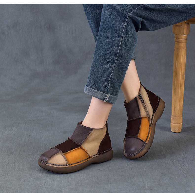 Women's Vintage Patchwork Leather Ankle Boots Hand-Stitched Flat Booties Zipper