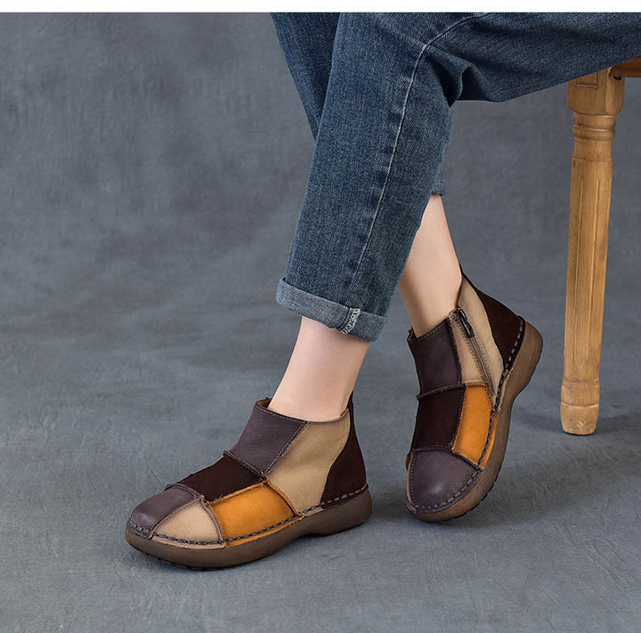 Women's Vintage Patchwork Leather Ankle Boots Hand-Stitched Flat Booties Zipper
