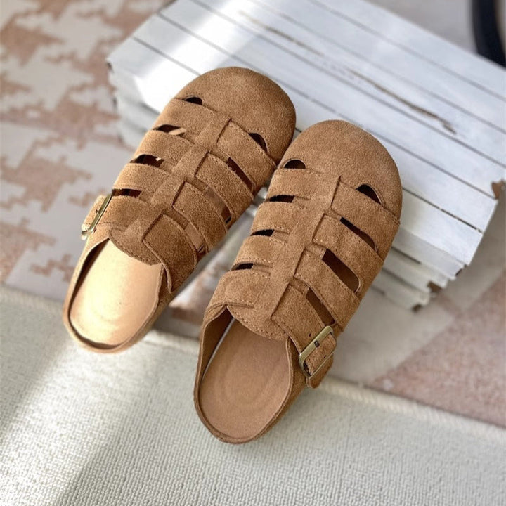 Women's Suede Round Toe Hollowed Out Casual Buckle Mule