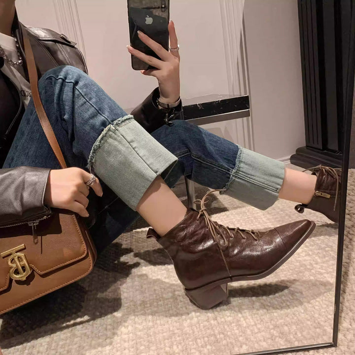 Women's Leather Lace-Up Ankle Boots – Pointed Toe & Block Heel
