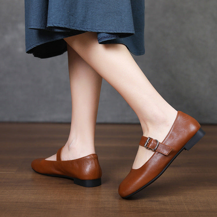 Women‘s Retro Leather Mary Jane Flats Vintage Square Toe Casual Ballet Shoes