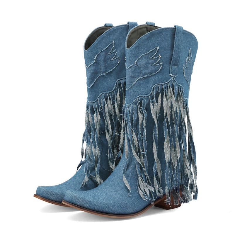 Womens Fringe Denim Western Cowboy Short Boots