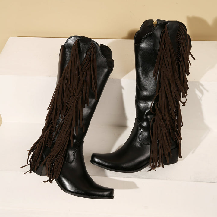 Women's Fringes Tassels Knee High Boots Side Zip-Up Western Cowboy Boots