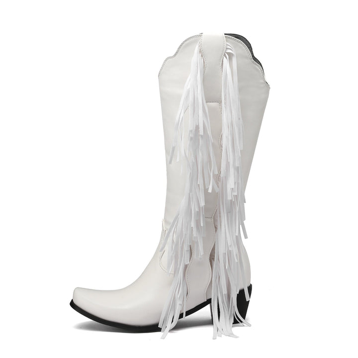 Women's Fringes Tassels Knee High Boots Side Zip-Up Western Cowboy Boots