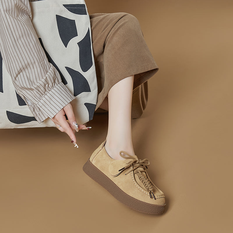 Women’s Retro Suede Lace-Up Platform Flats – Casual Everyday Shoes
