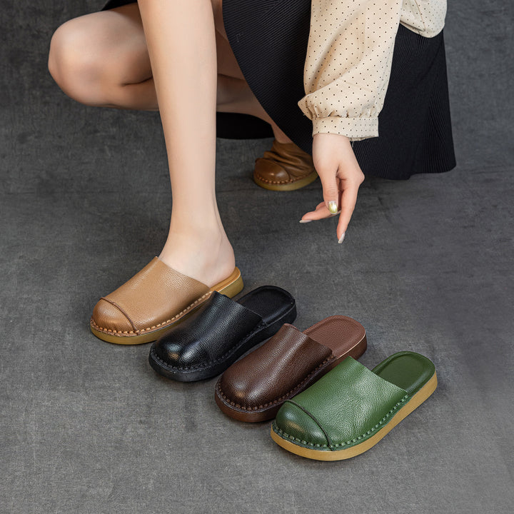 Women's Retro Leather Mule Slippers Vintage Closed Toe Slip-on Platform Slides