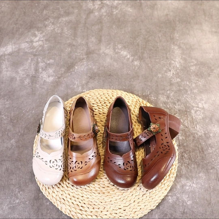 Women's Shoes Retro Summer Leather Sandals Hollowed Out Chunky Heeled
