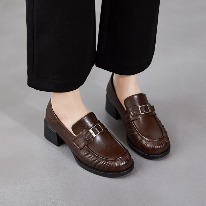 Women's Sheepskin Loafers - Ruched Leather Buckle Block Heel