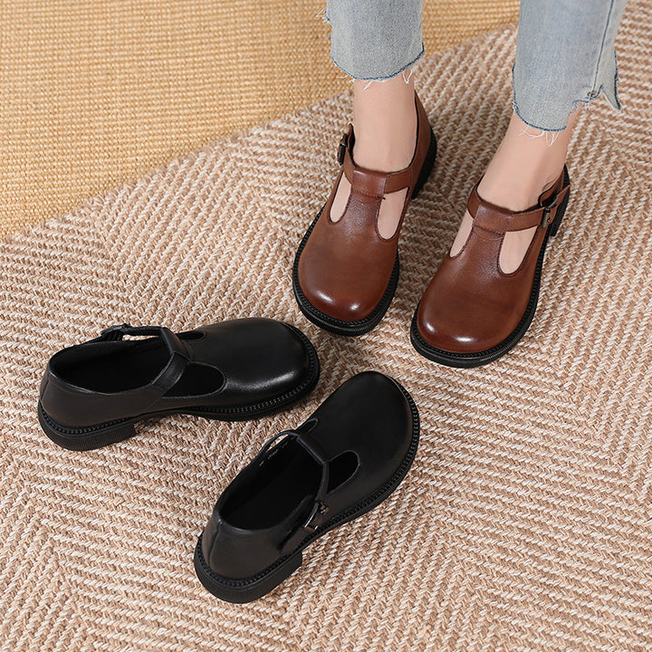 T-Buckle Wide Toe Box Leather Comfortable Low Heel Women's Shoes