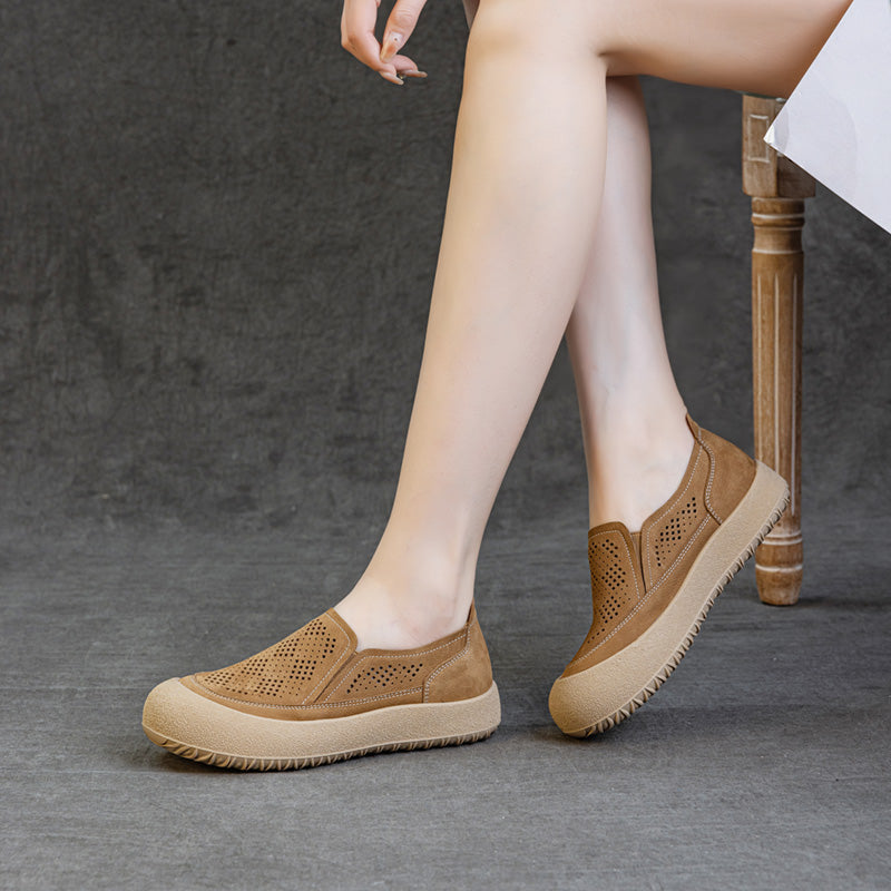 Womens Summer Perforated Leather Slip-on Loafers Breathable Platform Casual Walking Shoes