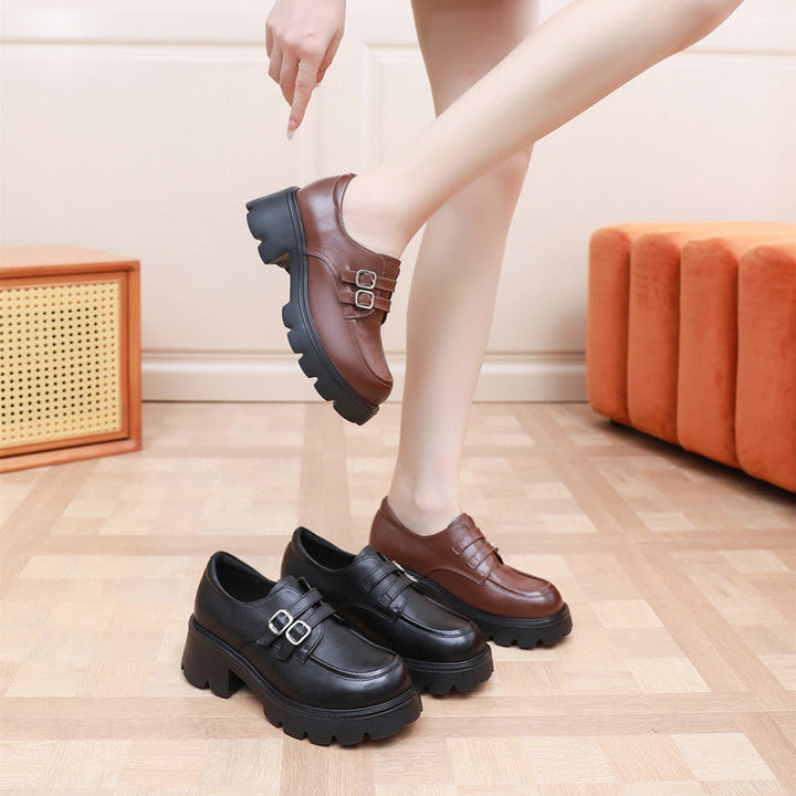 Women's Chunky Platform Loafers - Leather Shoes with EVA Outsole - Double Buckle Detail