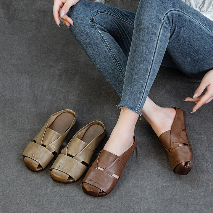 Women's Crisscross Woven Leather Mules Vintage Cutout Platform Slippers Barefoot-Friendly